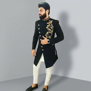 NEW--STYLISH---INDO-WESTERN--BLACK--SHERWANI with <b>Pant</b> WITH BEAUTIFUL ZARDOZI Embroidery for Party & WEDDING Dress @ 2022 - Product Image 4