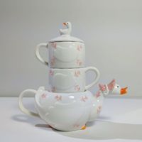 Service à thé créatif en céramique motif Oie de dessin animé, comprenant 1 théière et 2 tasses, avec joli motif floral, coffret cadeau pour le thé de l'après-midi à la maison