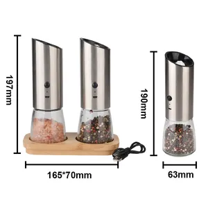 USB Rechargeable Gravity Professional Electric Spice Salt and Pepper Grinder Set Electric with Bamboo Base