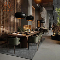 Ensemble de meubles de restaurant, café et bar moderne, table à manger rectangulaire en bois massif et chaises en cuir véritable vert foncé