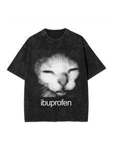 เสื้อยืดลายมีมแมว 'ไอบูโพรเฟน' แบบยูนิเซ็กซ์ สไตล์วินเทจ สีดำฟอก ทรงโอเวอร์ไซส์ แขนสั้น - Product Image 1