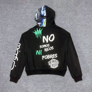 Sudadera con Capucha Negra de Algodón y Felpa de Alta Costura con Logotipo Bordado Personalizado, Estampado Vintage, Hombros Caídos y Corte Oversize - Product Image 2