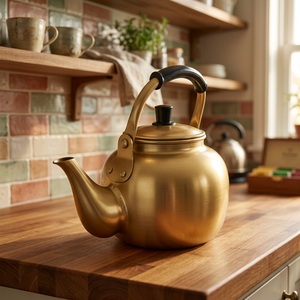 Bouilloire à thé vintage en métal avec couvercle et poignée, couleur dorée, pour la préparation du thé - Product Image 3