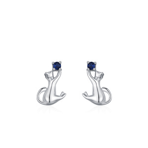 Boucles d'oreilles personnalisables en cuivre, série animale, en argent sterling S925, zircon bleu royal taille ronde, motif chaton mignon pour femme - Product Image 1