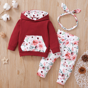 4 colori autunno 3 pezzi completi per bambini manica lunga con cappuccio stampato floreale <span class=keywords><strong>tasca</strong></span> top pantaloni fascia per capelli set di vestiti per neonate - Product Image 1