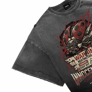T-shirts respirants pour hommes, style streetwear oversize, gris délavé vintage, motif coccinelle cyberpunk avec impression de lettres, pour la vente en gros - Product Image 3