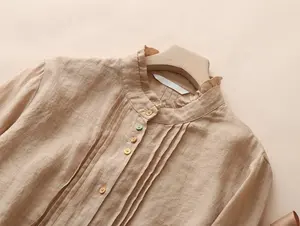 Camisa feminina de manga longa vintage com gola alta, camisa de botão de peito único de cor sólida, fabricante de roupas