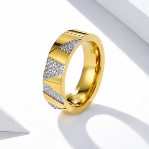 Wide Stainless <b>Steel</b> Zircon <b>Ring</b> with Diagonal Pavé Panels and 14K Gold Vacuum Plating - Product Image 1