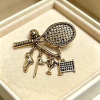 Broche Rétro Raquette de Tennis, Or Vieilli, Épingle Sportive, Breloques Pendentives Balle de Tennis, Trophée, Chaussure, Filet, Bijoux