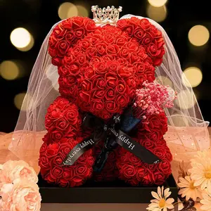 2024 diseño Popular 25cm oso de peluche rosa con caja de regalo, regalos de San Valentín flor artificial espuma oso rosa de peluche