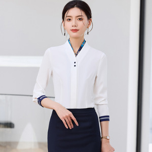 Women's Professional White Shirt Long Sleeve V-Neck Airline Uniform Spring 2025 Polyester Material - Product Image 2
