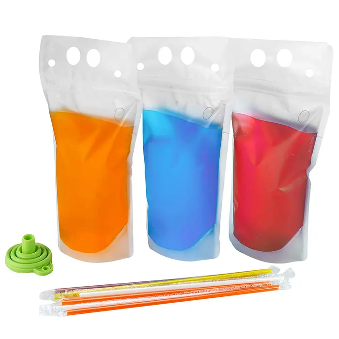 Sacchetti per bevande in paglia di plastica riutilizzabili personalizzati riutilizzabili per bevande trasparenti con cerniera