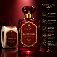 Étiquettes de parfum transparentes personnalisées de luxe, impression de logo sur mesure, autocollants transparents imperméables, étiquettes de bouteille découpées à la forme en rouleau