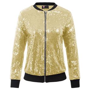 KC000097 OEM soporte manga larga cuello cremallera abrigo de las mujeres brillantes lentejuelas de béisbol chaquetas - Product Image 5