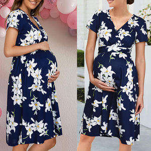 批发女式短袖迷你v领碎花天然腰加大码单排扣优雅休闲办公连衣裙 - Product Image 3