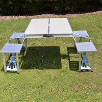Table de pique-nique pliante portable en aluminium avec 4 sièges, style valise, pour camping en extérieur, voyage, jardin, barbecue, fête