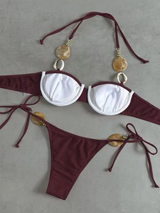 Conjunto de bikini de 2 piezas para mujer al por mayor, con aros, copas acolchadas, transpirable, de secado rápido, con cuentas de resina y tanga con lazo lateral. - Product Image 5