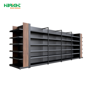 Wood Side Panel Double Sided Supermarket Gondola Shelving Heavy Duty <b>Metal</b> Grocery Store Display Rack With Adjustable Shelves - Product Image 1