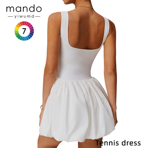 Gaun tenis remaja wanita, baju tanpa lengan leher persegi desain kerut warna polos merah muda biru putih dengan saku - Product Image 3