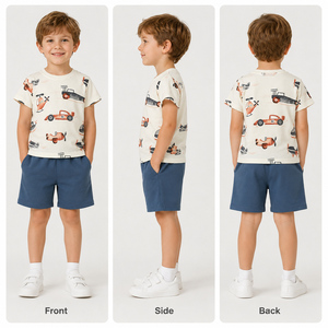 Setelan Kaos dan Celana Pendek Anak Laki-Laki Motif Transportasi, Bahan Katun Spandex, Pakaian Musim Panas Dua Potong, OEM Label Pribadi - Product Image 3