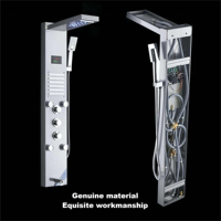 Colonne de douche thermostatique moderne en acier inoxydable brossé de luxe avec LED, mitigeur de baignoire, douchette à main et jet de pluie doux mural