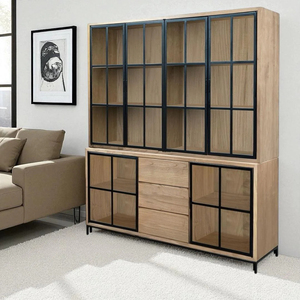 Buffet et hutch, 3 tiroirs, 6 portes vitrées, teck recyclé |   Vitrine en verre pour curiosités |   Étagère, vitrines et présentoirs pour loisirs créatifs - Product Image 4