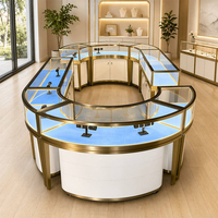 Ensemble de comptoirs de présentation de bijoux carrés en gros, en verre trempé, acier inoxydable, éclairage LED, écologique, étanche, personnalisable