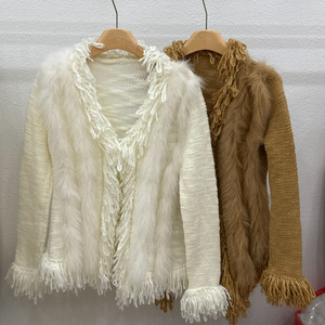 Cardigan en tricot à franges en fourrure de renard véritable de luxe pour femmes Tyan, col en V, manches longues, pull en tricot moelleux, manteau d'automne et d'hiver - Product Image 5
