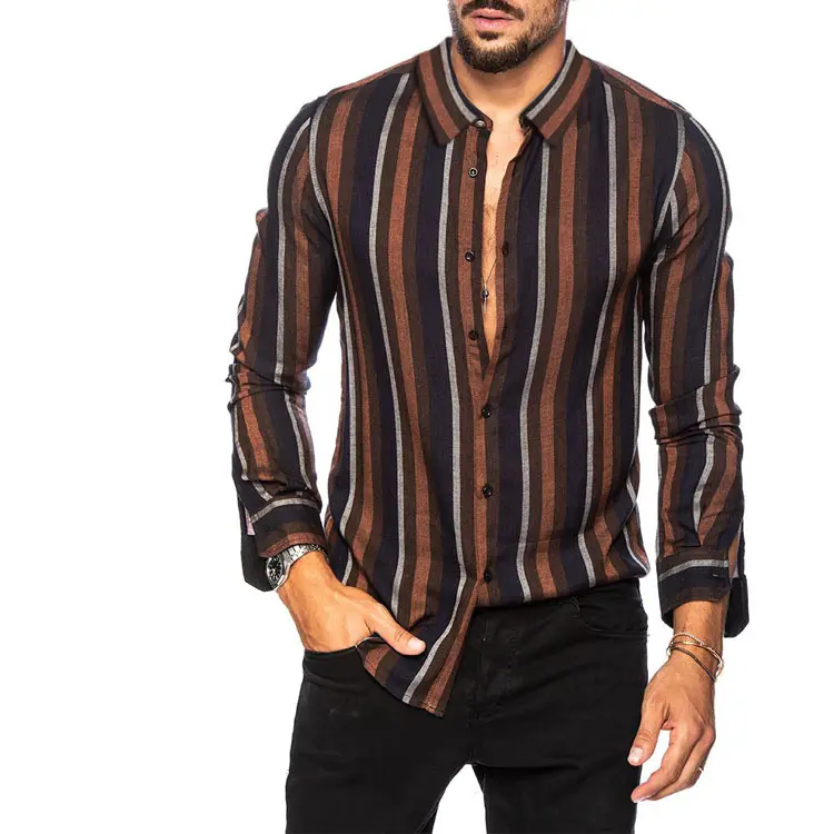 Camicia a righe da uomo a maniche lunghe con stampa Casual di tendenza per uomo