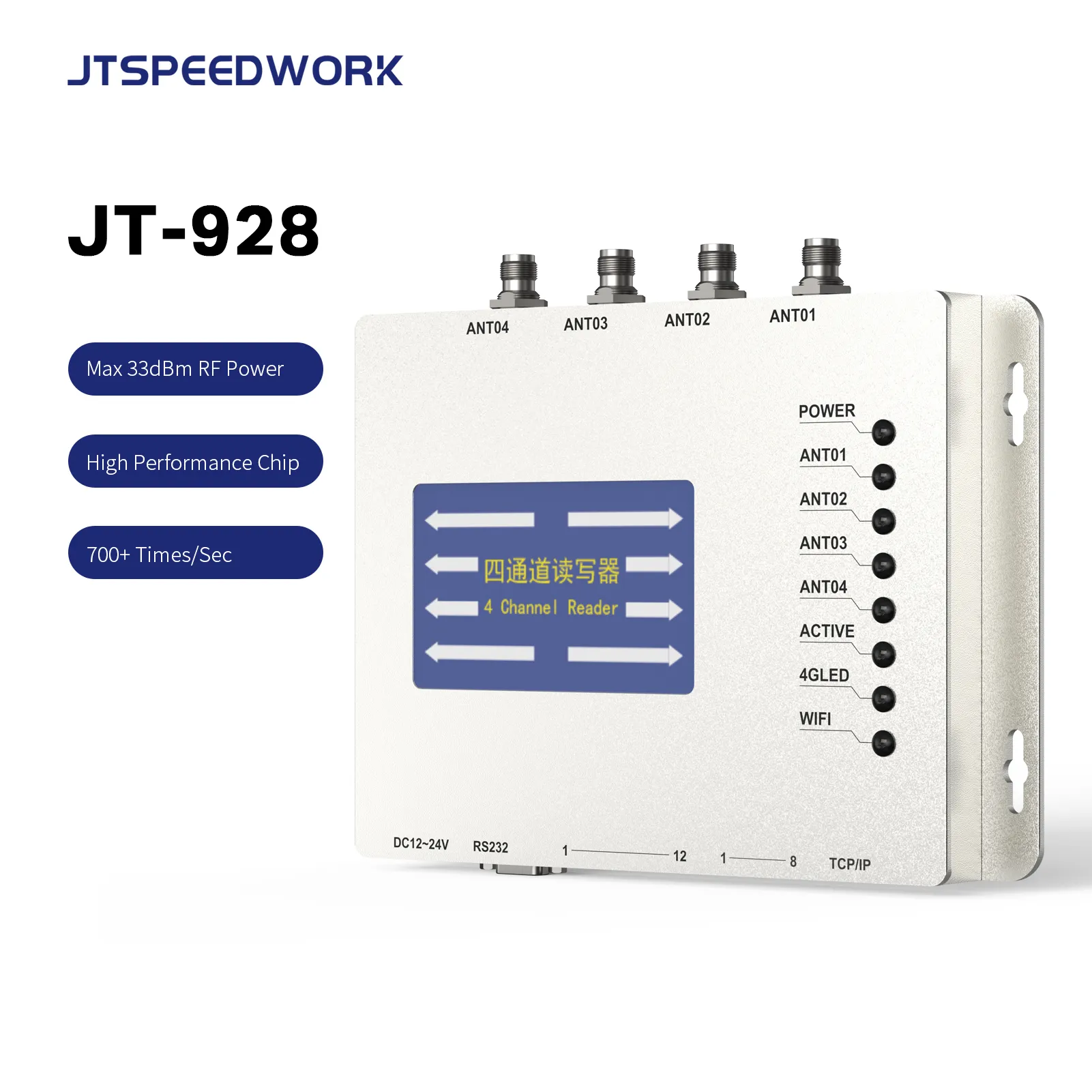 Lector de sistema de gestión de almacén, JT-928, 4 puertos, TCP, IP, rango medio, UHF, RFID