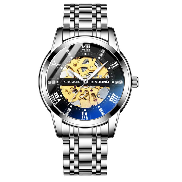 BINBOND 6020 Mechanical Watch Hollow Dial Design Steel Band Sport Waterproof Men's Fashion Automatic Luminous Men Watches