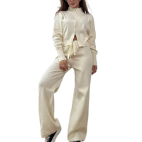 Ensemble décontracté en maille à double fermeture éclair pour femme, col montant, haut tricoté et pantalon large, deux pièces, automne-hiver