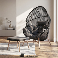 Fauteuil œuf de luxe moderne J&M Outdoor avec repose-pieds, structure en alliage d'aluminium, chaise paon en corde tressée pour hôtel, villa, jardin, cour, patio