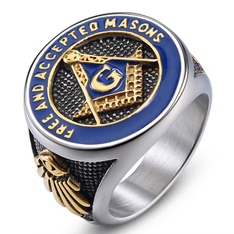 Men's Stainless Steel Vintage Freemason Masonic Biker Rings Blue Free and Accepted Masons Ring Band