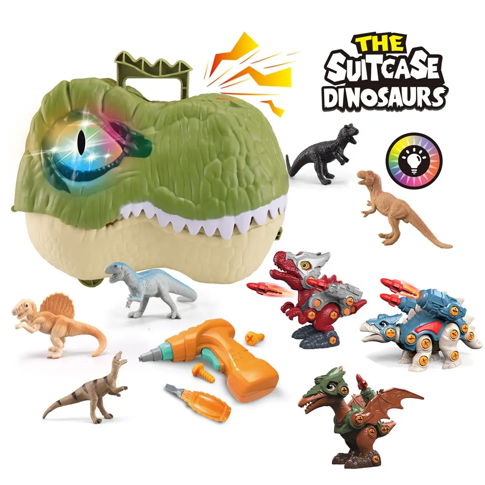 Set mainan koper dinosaurus anak-anak, Set mainan perakitan eksplorasi dinosaurus sekrup dinosaurus dengan bor listrik untuk anak-anak