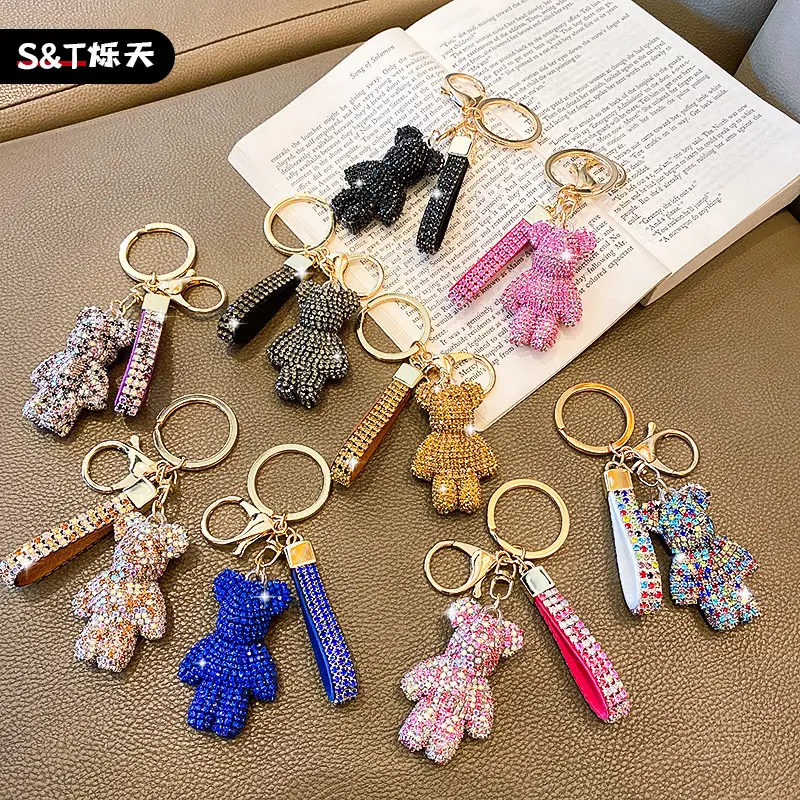 New luxury violent bear rhinestones key chain crystal diamond key ring bag charms designer bling keychains