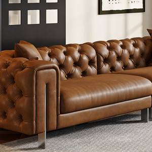 Sofá de Cuero Color Caramelo Estilo Retro Francés, Diseño Recto con Mechones, Muebles para Sala de Estar - Product Image 4
