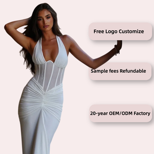 <span class=keywords><strong>Robe</strong></span> longue élégante blanche pour femme, dos nu en V profond, en maille noire froncée, style halter, pour soirée, cocktail, été - Product Image 2