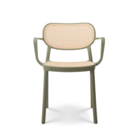 Fauteuil monobloc moulé en plastique vert, chaise de salle à manger empilable aspect osier pour la restauration commerciale et l'ameublement hôtelier