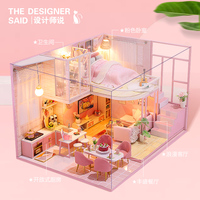 Sujetalibros de madera hecho a mano al por mayor, casa de muñecas moderna rosa estilo loft con LED, regalo romántico y artesanal para cumpleaños de niña
