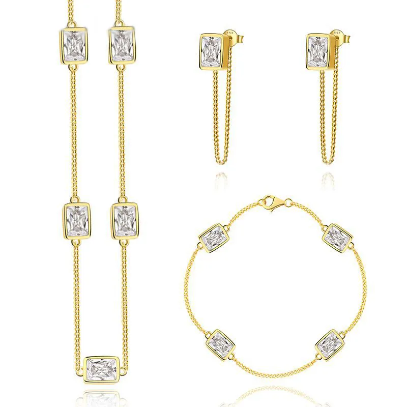 Simple 18k gold plated CZ diamond rectangular women jewelry set 925 sterling silver square crystal Necklace Bracelet earrings