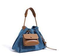 Sac à main fourre-tout de luxe en cuir véritable et denim pour femme, sac à bandoulière vintage en cuir de vachette pleine fleur pour dames, vente en gros