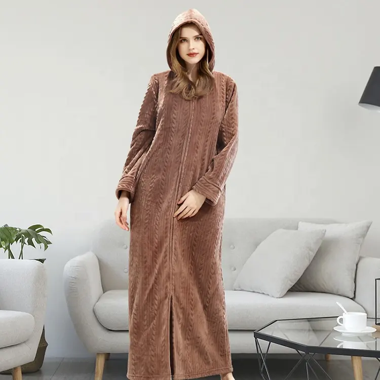 Japanese style zippered fancy bathrobe brown dressing gown for women