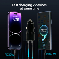 Chargeur de voiture rapide personnalisé 75W USB-C à double port, 45W PD Type-C, 30W QC3.0, chargeur allume-cigare rapide avec câble Type-C