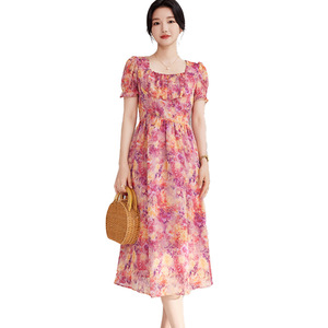 Plus Size French Style High Waist Floral Dress Square Neck Orange Purple Blue Polyester Summer Women's Dress - Product Image 5