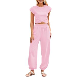 Custom Women's Two Piece Outfit <b>Crop</b> <b>Top</b> And Joggers Set Casual Lounge Wear With Pockets Solid Color Short Sleeve Crew Neck - Product Image 1