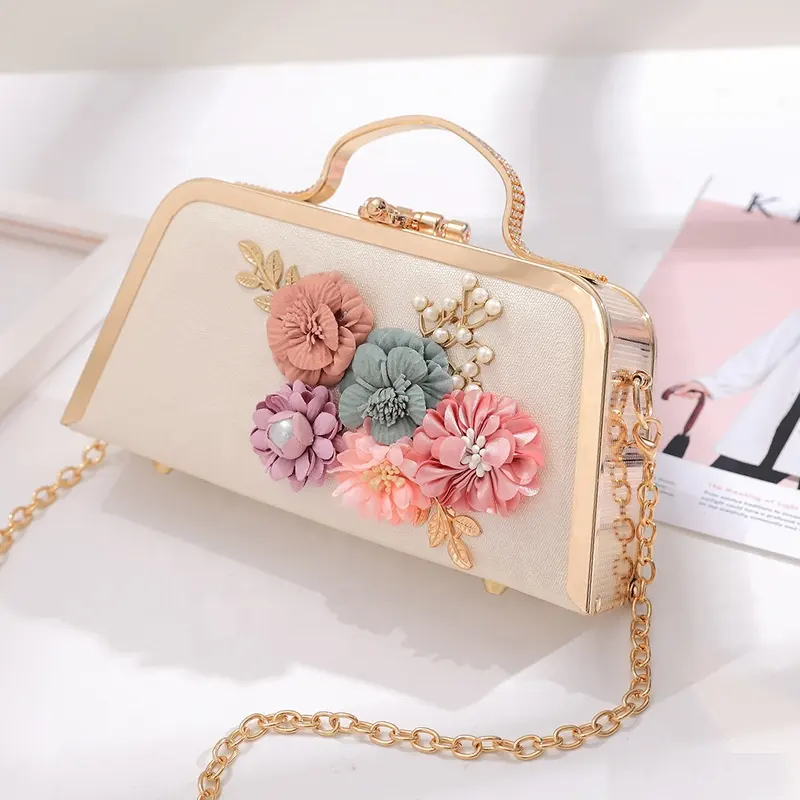 Colorful Floral Metal Frame handle Chain Strap wedding flower womens hand evening bags clutch
