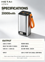 Batterie externe haute capacité 20000mAh avec charge rapide PD 100W, câble USB-C rétractable intégré, double USB, chargeur portable pour ordinateur portable