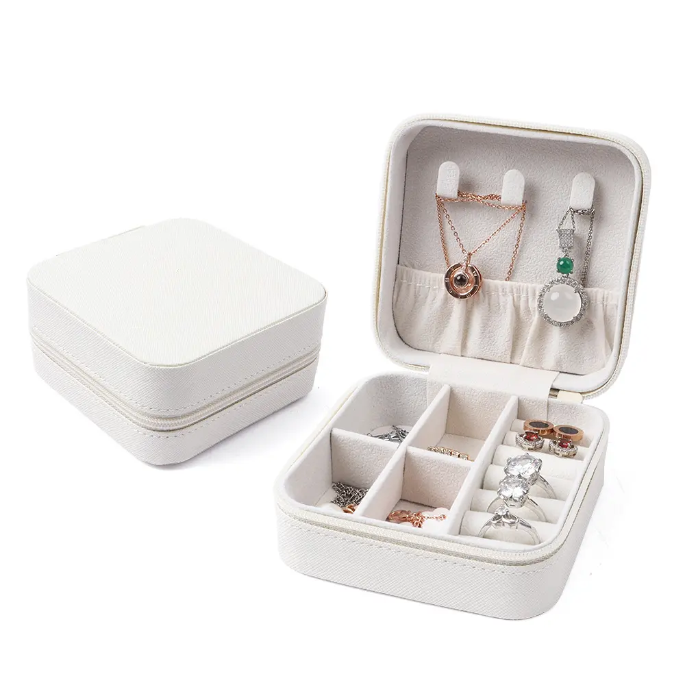 Caixa de armazenamento de joias de veludo para espelho pequeno, caixa de exibição de anel e brincos, relógio de viagem com zíper, caixa de joias com bandeja