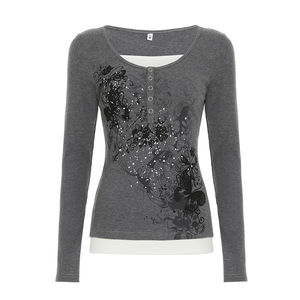 T-shirt à manches longues coupe ajustée style Y2K vintage écoresponsable - Haut décontracté en maille côtelée élastique avec imprimé rétro contrastant - Product Image 6